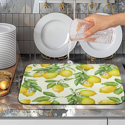 Lemon Kitchen Dish Drying Mat 16×18 Inch Summer Yellow Green Lemon Drying Mat Watercolor Microfiber Dish Drainer Rack Mat Washable Absorbent Dish Pad