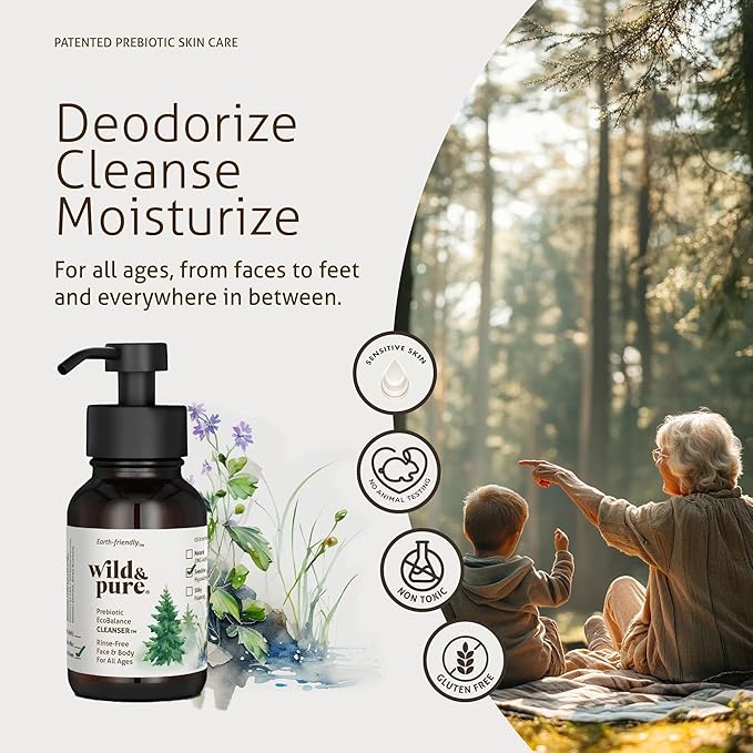 Wild & Pure Sensitive Skin Foaming Body Wash (8oz) | Cleanser, Deodorizer, Moisturizer for Face, Hands, Body & Below the Belt | pH-Balanced, Microbiome-Friendly | EcoBalance Refillable Skincare
