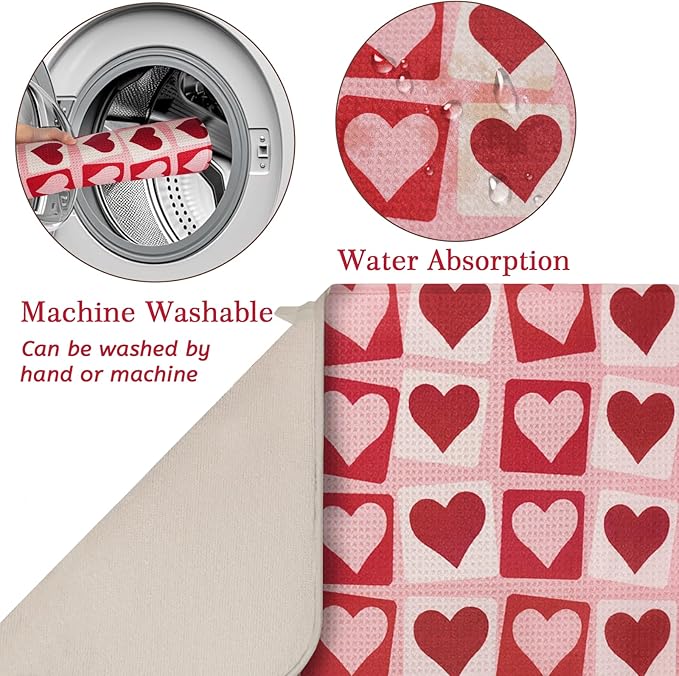 Valentine Dish Drying Mat, Ultra Absorbent Valentines Day Drying Mat for Kitchen Counter, Coffee Maker, 18 x 24 Inch