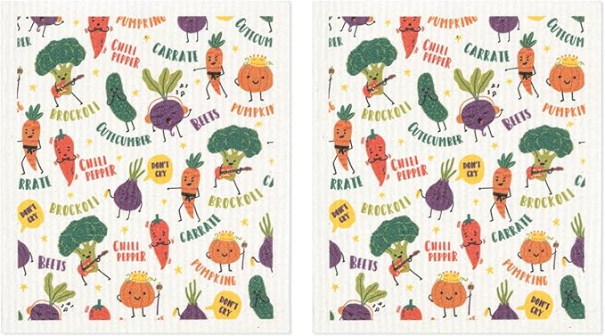 MÜkitchen Premium Eco Sponge Dish Cloth | Highly-Absorbent Kitchen Cloth for Cleaning and Drying Dishes | Machine Washable and Reusable | Set of 2 | Rock Veggies