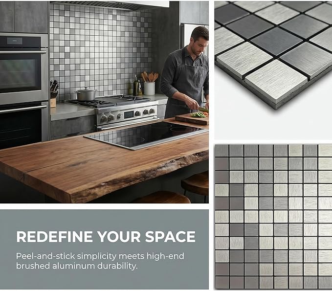 10pcs Waterproof Non-Slip Mosaic Wall Stickers, Heat-Resistant Self-Adhesive Tiles, Easy Cut & Peel for Kitchen Bathroom Bedroom Living Room (10, Silver)