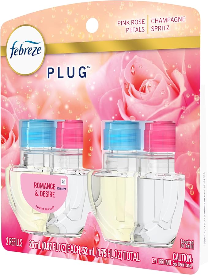 Febreze Plug In Air Freshener, Odor-Fighting Scented Oil Refill, Air Fresheners for Home and Bathroom and Kitchen, Long Lasting for Strong Odors, Romance & Desire Scent, 0.87oz Refills, 2 Count