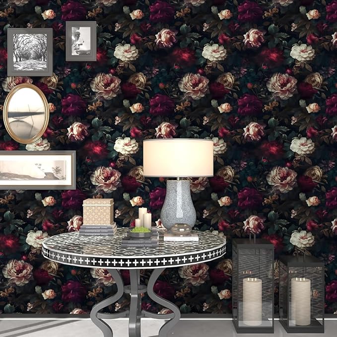 Fvlow Dark Black Floral Peel and Stick Wallpaper 17.4" x 394" Vintage Romantic Contact Paper Waterproof Self Adhesive Gothic Witchy Covering for Bedroom Cabinet Bathroom Abstract Art Home Decor Maroon