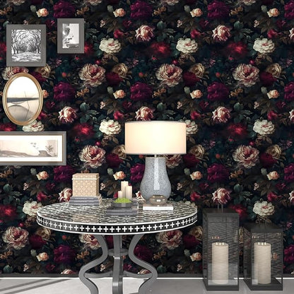 Fvlow Dark Black Floral Peel and Stick Wallpaper 17.4" x 394" Vintage Romantic Contact Paper Waterproof Self Adhesive Gothic Witchy Covering for Bedroom Cabinet Bathroom Abstract Art Home Decor Maroon