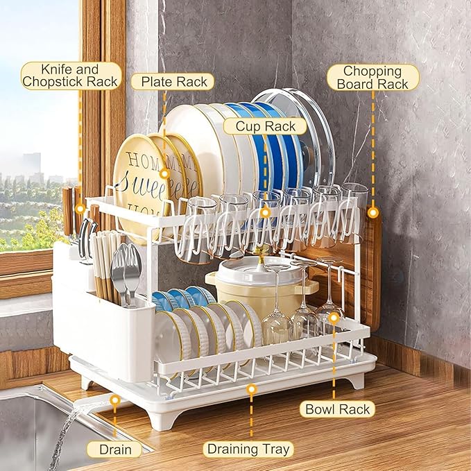 Dish Drying Rack,2-Tier Dish Racks for Kitchen Counter with Drainboard & Utensil Holder,Large Dish Drying Rack for Bowls/Cups/Bottles (White)