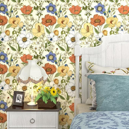 Floral Wallpaper Peel and Stick, Yellow/Orange Blooming Flowers Contact Paper, Vintage Botanical Wall Paper Self Adhesive Waterproof Removable for Bedroom Shelves Cabinet Drawer Table 17.5" x 393.7"