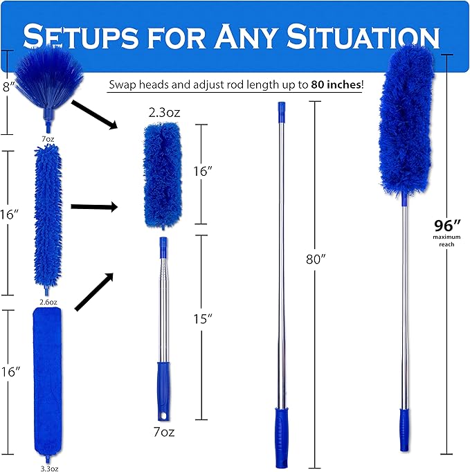Microfiber Duster with Extension Pole - 4 Piece Dusters Set - Extends 15 to 80 Inches - Ceiling Fan Cleaner - Perfect for Cobwebs, Spider Webs, and Dust on Ceilings, Fans, Walls, Windows, and Blinds