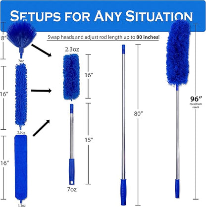 Microfiber Duster with Extension Pole - 4 Piece Dusters Set - Extends 15 to 80 Inches - Ceiling Fan Cleaner - Perfect for Cobwebs, Spider Webs, and Dust on Ceilings, Fans, Walls, Windows, and Blinds