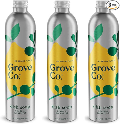 Grove Co. Ultimate Dish Soap Refills (3 x16 Fl Oz) Removes 48-hr Stuck-on Food and Grease, Plastic Free Cleaning Products, 100% Natural Lemon & Eucalyptus Fragrance