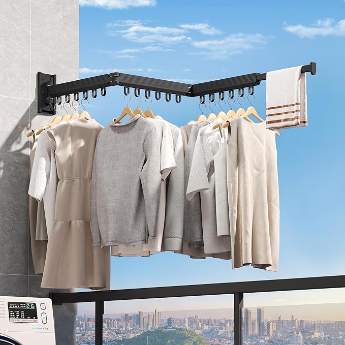 Wall Mounted Clothes Drying Rack, Collapsible Laundry Drying Rack, Retractable Foldable Drying Rack Clothing for Hanging Clothes,Black-Rings