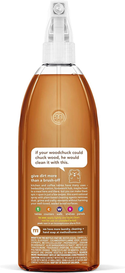 Method Daily Wood Cleaner, Almond, Cleans Shelves, Tables and Other Wooden Surfaces While Removing Dust & Grime, 28 Oz Spray Bottles, (Pack of 8)