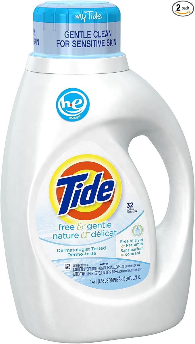 Tide Free & Gentle HE Turbo Liquid Laundry Detergent, Pack of 2, Unscented, 1.47 L (32 Loads)