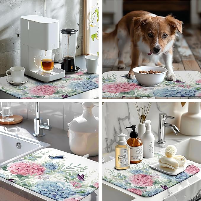 Spring Flowers Dish Drying Mat for Kitchen Counter Blue Pink Hydrangea Floral Drying Mats Absorbent Reversible Microfiber Dish Draining Mat Reusable Washable Dishes Pad Extra Large 18"x24"