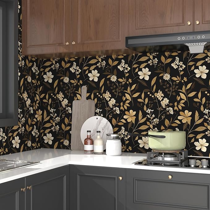 Fvlow Black Gold Floral Wallpaper Retro Peelable Wall Paper 17.4" x 394"Vintage Dark Contact Paper Renter Friendly Covering for Bedroom Bathroom Cabinet Home Decor