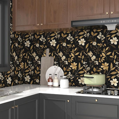 Fvlow Black Gold Floral Wallpaper Retro Peelable Wall Paper 17.4" x 394"Vintage Dark Contact Paper Renter Friendly Covering for Bedroom Bathroom Cabinet Home Decor