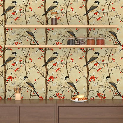 Vintage Bird Wallpaper Peel and Stick, Yellow/Red Botanical Fruits Contact Paper, Retro Floral Wall Paper Self Adhesive Removable Waterproof for Bedroom Walls Shelves Cabinet Drawer Table 17.5" x 118"
