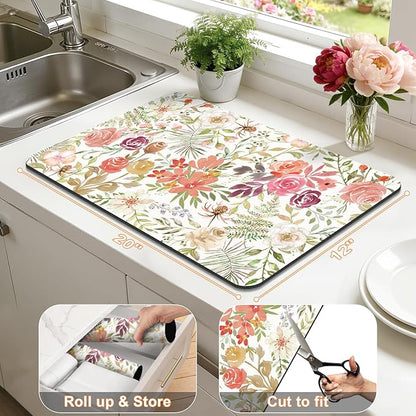LOKHOM Dish Drying Mat for Kitchen Counter, 12"x20" Absorbent Coffee Bar Mat with Pink Roses Petals , Dish Drainer Rack Mats for Kitchen Counter Coffee Maker Coffee Pot Dining Room Decoration