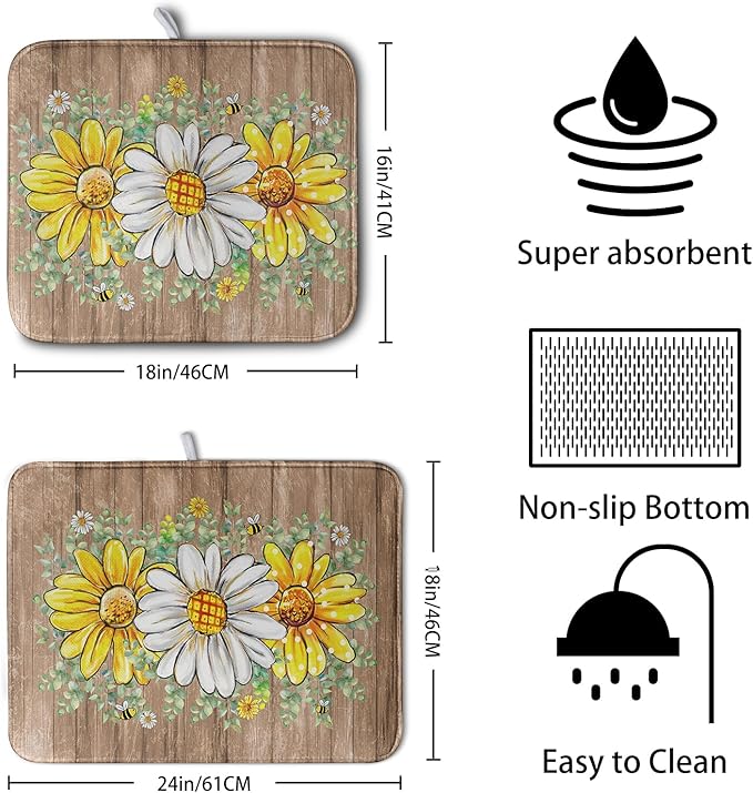 Rustic Daisy Floral Dish Drying Mat for Kitchen Counter Spring Summer Sunflower Dish Drying Mat Bee Absorbent Microfiber Dish Mat Reversible Dish Drainer Rack Mat Large 18x24 Inch