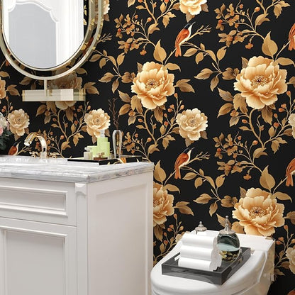 Laatse Vintage Floral Bird Wallpaper Peel and Stick Boho Wallpaper 17.5in x393in Black/Golden Floral Wall Mural Waterproof Self-Adhesive Modern Wall Paper for Bedroom Kitchen Cabinet Drawer Decor