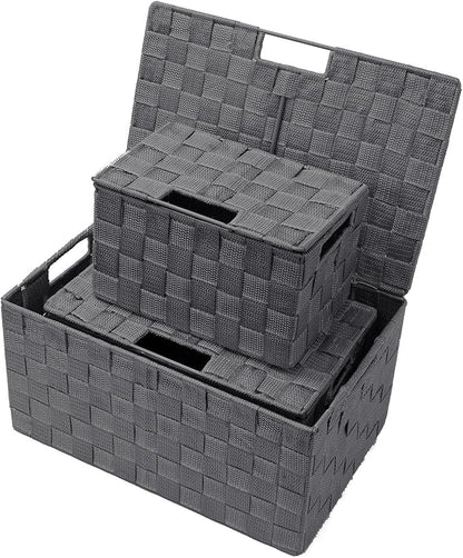 Sorbus Set of 3 Hand-Woven Storage Baskets with Lids – Mesh Organizers for Linen Closet, Shelves, or Home Storage – Variety Pack (Gray)