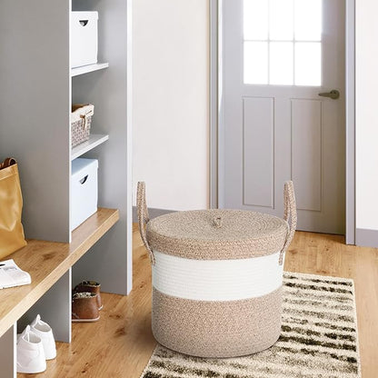 15”x13” Large Storage Basket with Lid, Blanket Basket Living Room, Woven Cotton Rope Baskets for Storage, Kids Toy Storage Bin, Tall Wicker Laundry Basket, Blankets Pillows Organizer Holder
