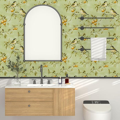 Green Bird Wallpaper Peel and Stick, Vintage Botanical Fruits Contact Paper, Retro Floral Boho Wall Paper Self Adhesive Removable Waterproof for Bedroom Walls Shelf Cabinet Drawer Table 17.5" x 118"