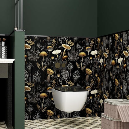 Laatse Boho Wallpaper Peel and Stick Dark Floral Contact Paper 17.5" x 118" Vinyl Self Adhesive Vintage Mushrooms Wall Mural Leaf Wall Paper for Room Countertop Drawer Decor(Golden,Black)
