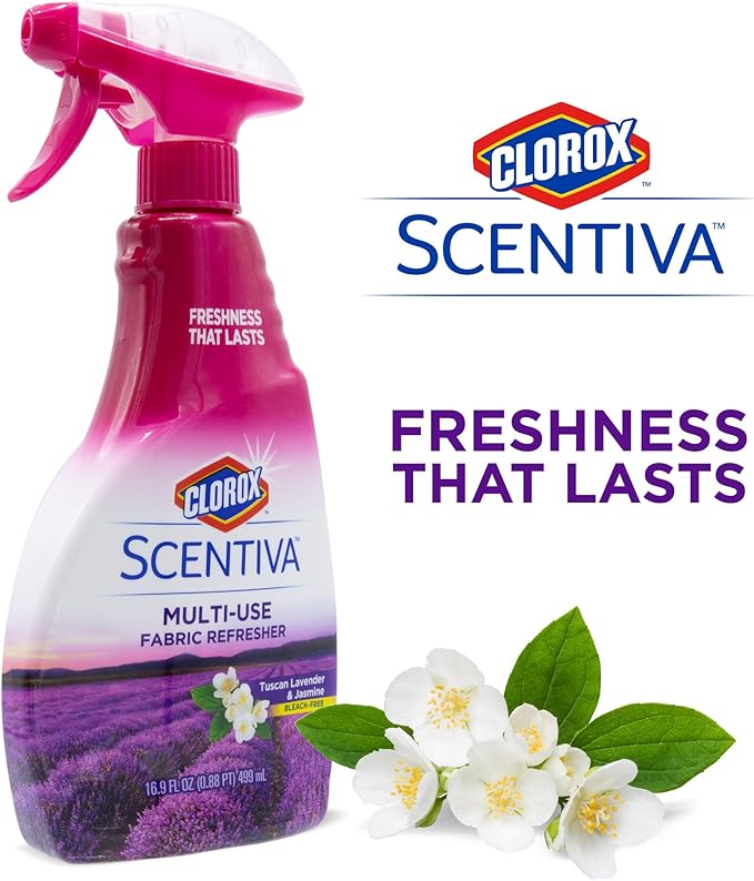 Clorox Scentiva Refresher Spray, Tuscan Lavender & Jasmine Scent - Multi-Use Fabric & Linen Freshener Spray - Odor Eliminator for Home, Upholstery, Bedding, Curtains, Room, 16.9 Fl Oz