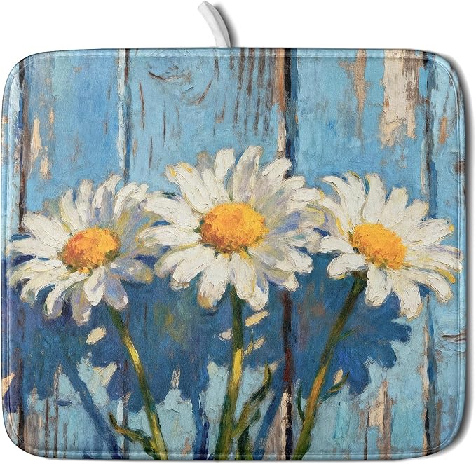 Daisy Floral Dish Drying Mat for Kitchen Counter 16x18 Spring Summer Theme Woodgrain White Flower Seasonal Absorbent Reversible Microfiber Drying Mats Kitchen Countertop Protector Dishes Drainer Pad