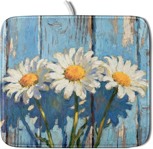 Daisy Floral Dish Drying Mat for Kitchen Counter 16x18 Spring Summer Theme Woodgrain White Flower Seasonal Absorbent Reversible Microfiber Drying Mats Kitchen Countertop Protector Dishes Drainer Pad