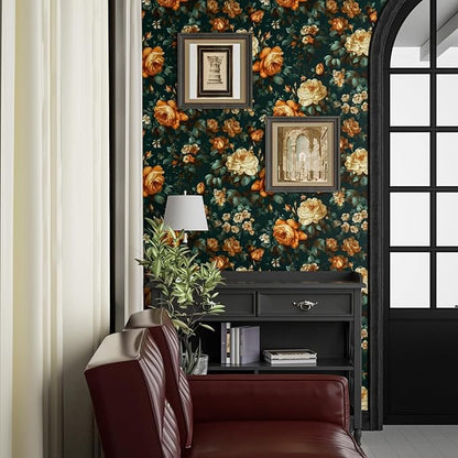 Fvlow Glowing Floral Peel and Stick Wallpaper Vintage Dark Green 17.4" x 118" Vinyl Wrap Worktop Covering Self Adhesive Removable Flowers Contact Paper for Cabinets Drawers Home Decor