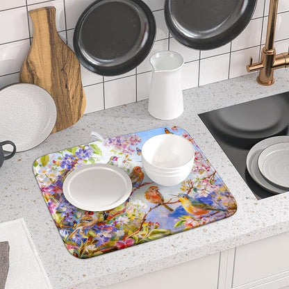 Spring Bird Dish Drying Mats for Kitchen Counter Floral Small Dish Drying Pad Season Decor
