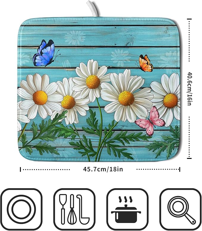 Spring Daisy Floral Dish Drying Mat for Kitchen Counter 16x18in Turquoise Daisy Old Wooden Board Kitchen Mat Absorbent Reversible Microfiber Dishes Pad Fast Drying Dish Drainer Mats for Countertop