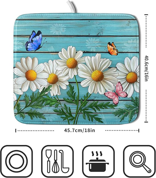 Spring Daisy Floral Dish Drying Mat for Kitchen Counter 16x18in Turquoise Daisy Old Wooden Board Kitchen Mat Absorbent Reversible Microfiber Dishes Pad Fast Drying Dish Drainer Mats for Countertop
