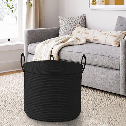18" X 14" Large Black Basket with Lid, Cotton Rope Storage Basket for Blanket, Toy, Pillow, Towel, Living Room Bedroom Storage Bin, Wicker Woven All Black Organizing Bin with Cover