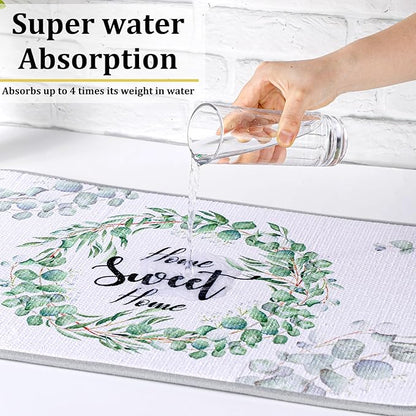 Zonon Dish Drying Mat for Kitchen Counter 16 x 24 Microfiber Absorbent Dish Drainer Rack Pads Fast Dry Mat Vintage Kitchen Decorations(Green,16" X 24",Eucalyptus Leaves)