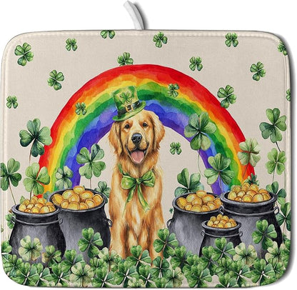 St Patricks Day Drying Mat Samll Lucky Clovers Green Kitchen Decor Counter Mats for Dog Lover