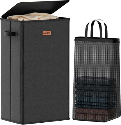 100L Laundry Hamper with Lid, Large Clothes Hampers with Removable Bag, Collapsible Laundry Basket for Bathroom, Bedroom, Laundry Room, Dorm, Black