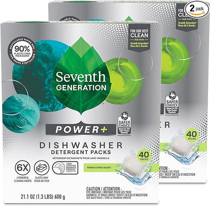 Seventh Generation Power Plus Dishwasher Detergent Packs Fresh Citrus scent Pack of 2 for sparkling dishes Dishwasher tabs 40 count