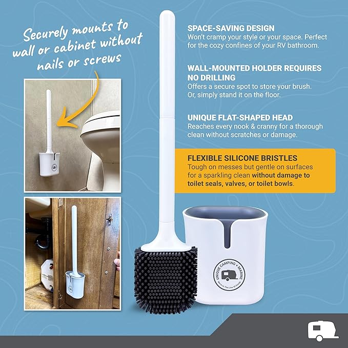 Unique RV Toilet Bowl Brush, Compact, Silicone Bristles, Won't Damage Toilets or Seals, Wall-Mount No-Drip Holder (Pack of 2)