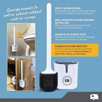 Unique RV Toilet Bowl Brush, Compact, Silicone Bristles, Won't Damage Toilets or Seals, Wall-Mount No-Drip Holder (Pack of 2)