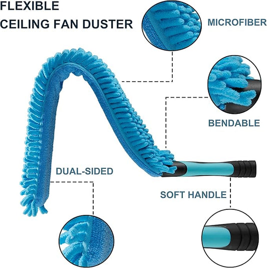 Microfiber Flexible Ceiling Fan Duster with Washable Chenille Dusting Cloth, Use by Hand or Attach to Extension Poles