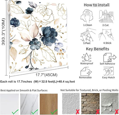 Navy Blue Floral Peel and Stick Wallpaper Self Adhesive Removable Thick Vinyl Watercolor Botanical Flower Gold Line Accent for Bedroom Bathroom Living Room Accent Wall 17.7" x 393.3"