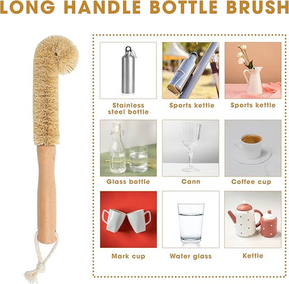 2PCS Coconut Brush Fiber Bottle Wooden Cleaning Brush, Scrub Head for Deep Pan Cleaning Washing, Sturdy Eco-Friendly with Natural Wood Handle Holder, Bristle Scrubber Set for Kitchen Dishes Vegetable