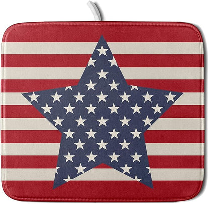 Blue Star Patriotic July of 4th Dish Drying Mat for Kitchen Counter 16x18 Independence Day Red Striped Absorbent Reversible Microfiber Drying Mats Kitchen Countertop Protector Dishes Drainer Rack Pad