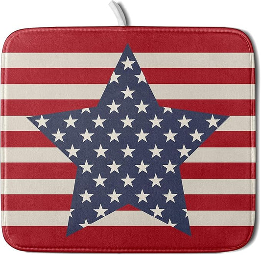 Blue Star Patriotic July of 4th Dish Drying Mat for Kitchen Counter 16x18 Independence Day Red Striped Absorbent Reversible Microfiber Drying Mats Kitchen Countertop Protector Dishes Drainer Rack Pad