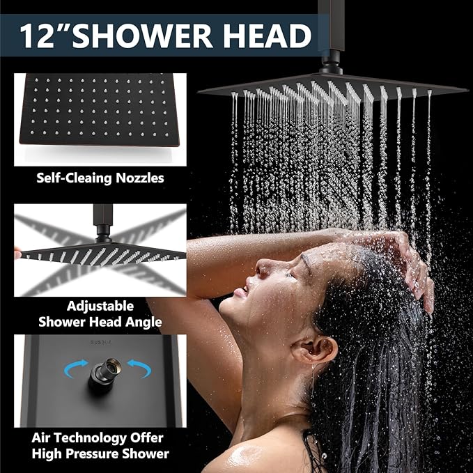Aolemi Ceiling Mount Shower System Rain Shower Head with Handheld Spray High Pressure Shower Faucet Set Rough-in Valve Shower Trim Kit Included Bathroom Oil Rubbed Bronze 12 Inch Ceiling Shower Head