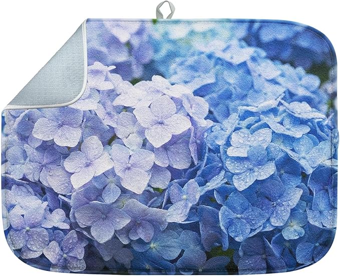 Sanwarm Absorbent Dish Drying Mat, Blue Purple Hydrangea Flower Microfiber Pad for Kitchen Counter, Coffee Bar Decor, Heat Resistant and Reversible, 16" x 18"
