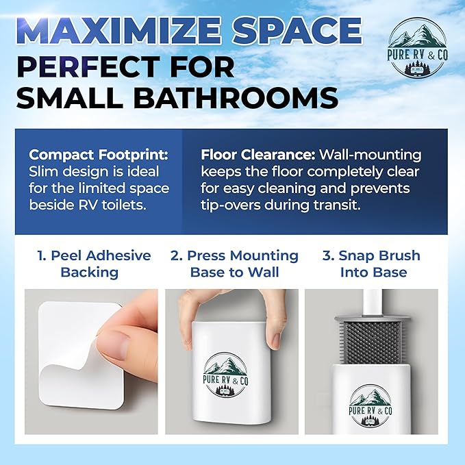 RV Tank Treatment Toilet Brush, Wall Mounted Holder & Septic Safe, Non-Scratch Silicone Flexible D-Head with Durable Long Handle for RVs,Trailers & Camper Bathrooms