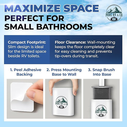 RV Tank Treatment Toilet Brush, Wall Mounted Holder & Septic Safe, Non-Scratch Silicone Flexible D-Head with Durable Long Handle for RVs,Trailers & Camper Bathrooms